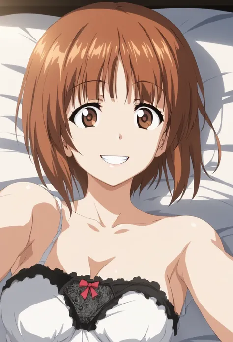 miho nishizumi,nsfw ,((droopy eyes)),short hair,brown hair,(brown eyes:1.5),  smile, grin, break , indoor､lie down on the bed,in...