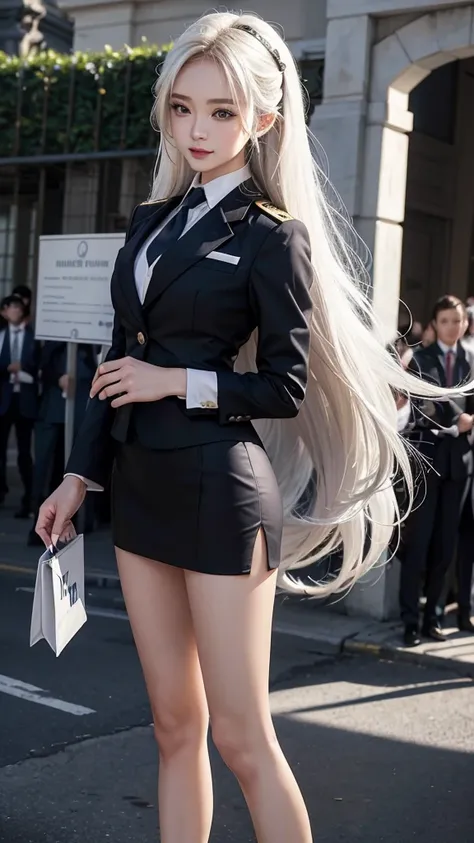 Highest quality, Masterpiece, 8D, Ultra high resolution, (reality:1.4), Two girls have come in...、beautiful expression、symmetrical eyes、big 、body proportionsที่สมบูรณ์แบบ、airline stewardess、ชุดสูทwhite、Short pencil skirt、high-heelsสีดำ、rift、ขนาดbig、look at...