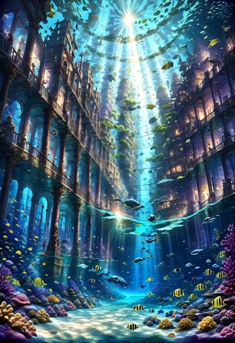 masterpiece,highest quality,ultra-detailed,high-definition background,8k,hi-res,high quality,break,an underwater city with ancie...