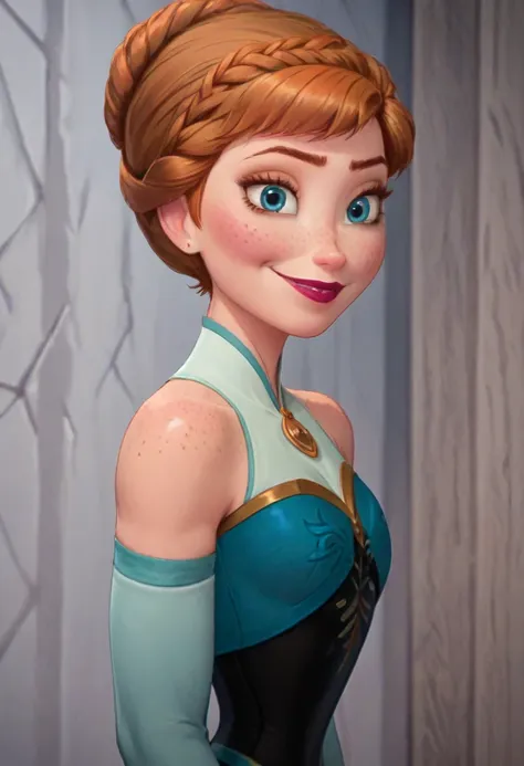 ((masterpiece, best quality)), disney reference, (anna), anna smirks, lipstick, freckles on face, upper body: bare shoulders, sk...