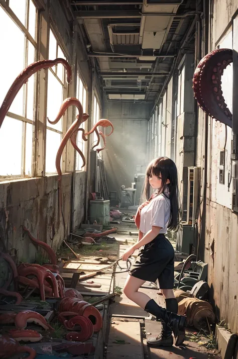 girl captured by tentacles in abandoned factory　tentacles in a skirt　pants fabric texture