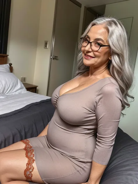 mature old woman 80 years with silver hair, plus size, red big lips, big lips, long-long curly grey hair, old face and body with...