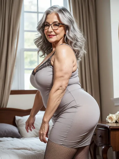 mature old woman 80 years with silver hair, plus size, red big lips, big lips, long-long curly grey hair, old face and body with...