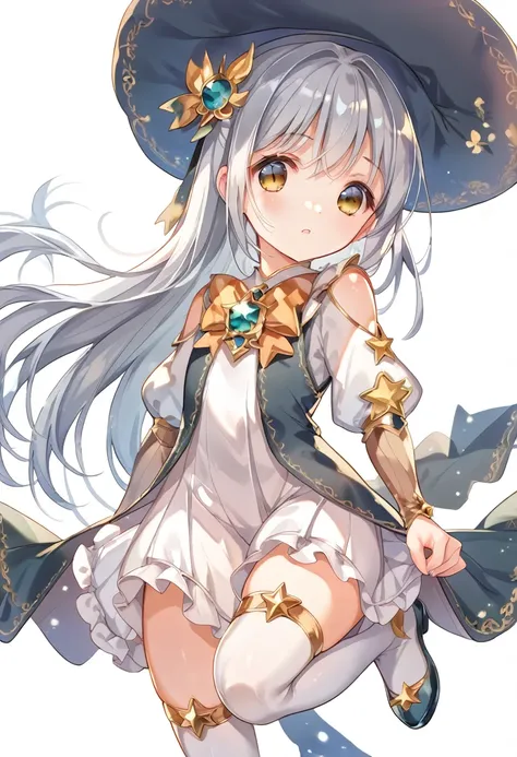 silver hair、magical girl、bright、black and white outfit、astral witch outfit、wearing a hat、ruffled skirt