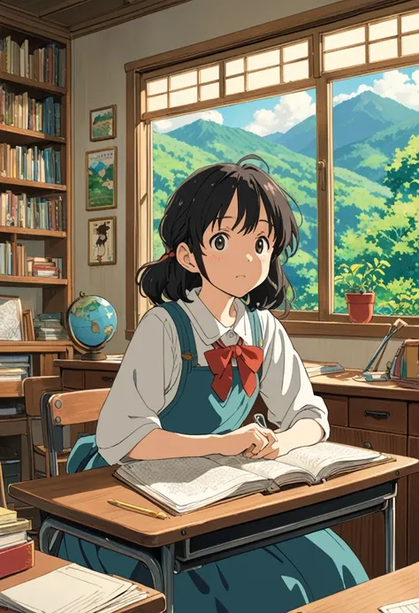 Studio Ghibli-style anime movies, Movie stills, Highest quality, masterpiece, Representative works, Official Art, Professional, Super intricate details, 8k, classroom