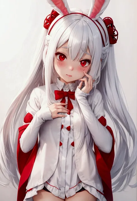 anime girl with white hair and bunny ears, red eyes, shy blush,