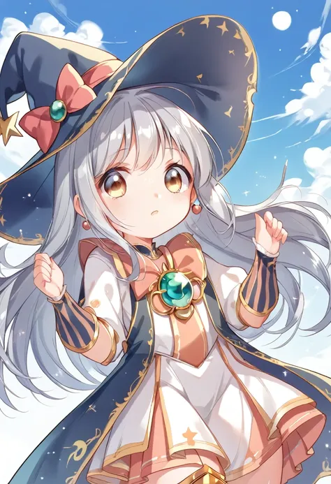 silver hair、magical girl、bright、black and white outfit、astral witch outfit、wearing a hat、ruffled skirt、whole body、outdoor、lookin...