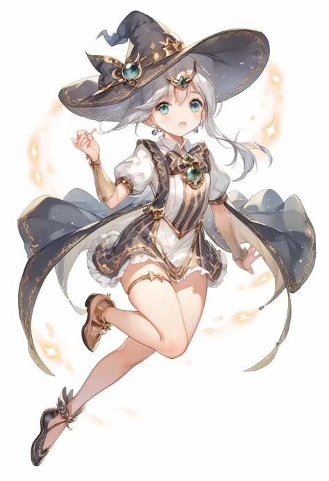 silver hair、magical girl、bright、black and white outfit、astral witch outfit、wearing a hat、mini skirt、whole body、outdoor、shoes