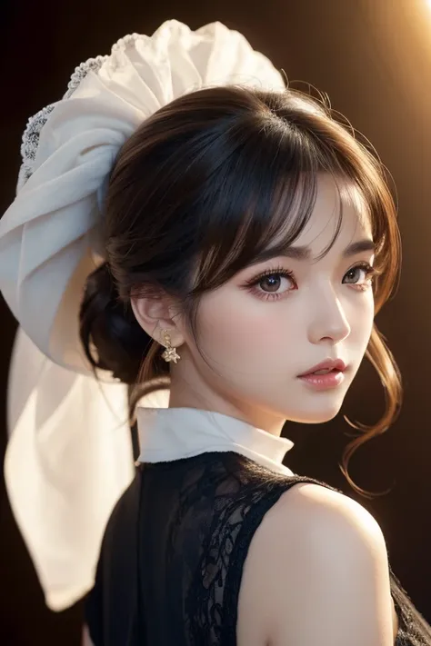 masterpiece、Highest quality、8k、ponytail、Attractive beautiful large almond-shaped eyes、Big black eyes、Long eyelashes、Beautiful cherry lips、A high, well-defined nose、Wolf Cut、((Realistic:1.3))、Cinematic lighting、Challenging eyes、Bold composition、Detailed fac...