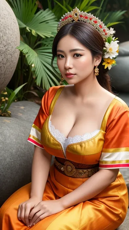 ((Indonesian woman with large breast in a colorful dress sitting on a stone structure, busty, curvy, voluptuous, cleavage, thick, chubby, traditional beauty, beautiful sexy woman, karol bak uhd, with beautiful exotic, erotic, beautiful goddess, beautiful d...