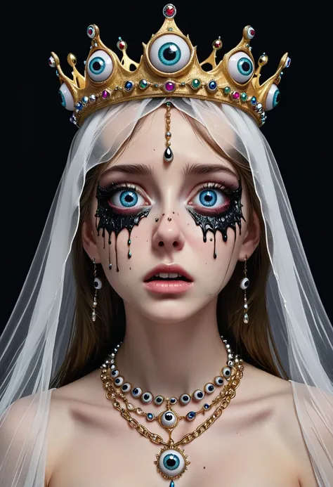 grotesque aesthetics：girl with extra eyes，tears，there are many eyeballs growing on the skin of the face，eyeball necklace，eyeball...