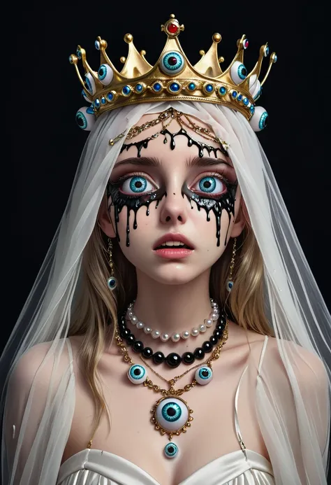 grotesque aesthetics：girl with extra eyes，tears，there are many eyeballs growing on the skin of the face，eyeball necklace，eyeball...