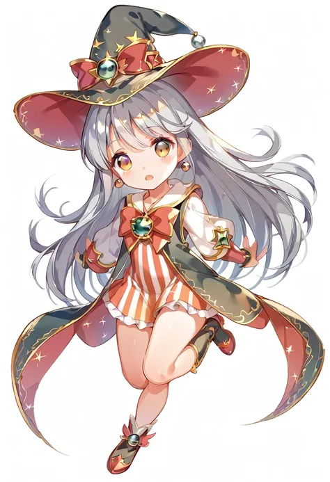 silver hair、magical girl、bright、black and white outfit、astral witch outfit、wearing a hat、ruffled mini skirt、whole body、sunset、sh...