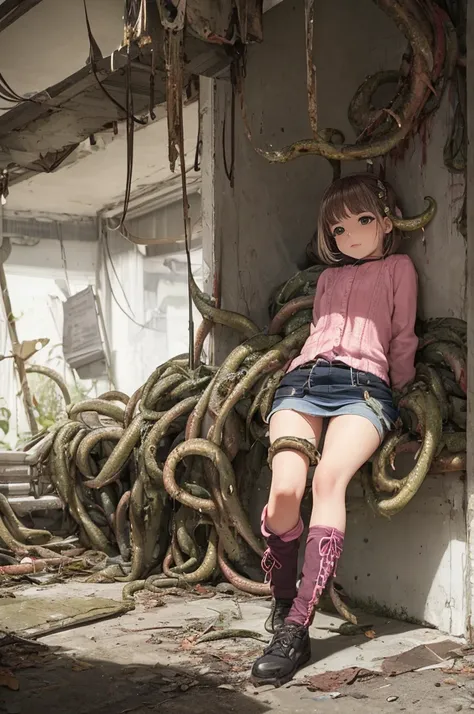 girl captured by tentacles in abandoned factory　tentacles in a skirt　pants fabric texture