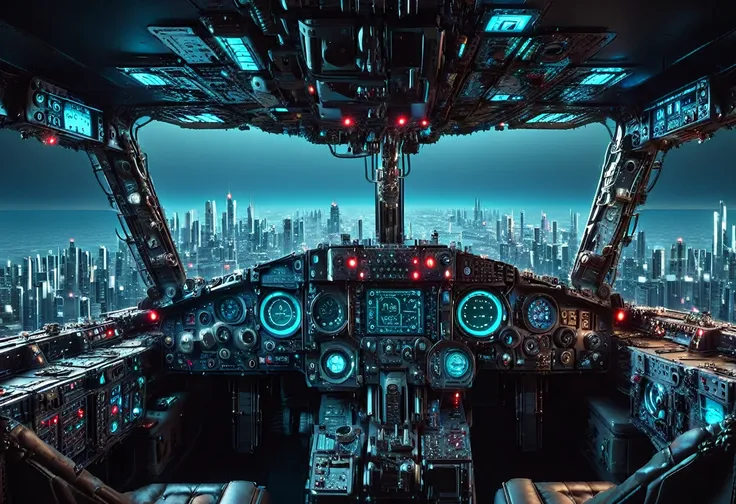 1 (plane cockpit) full indicator before crash, neon lights, cyberpunk, spaceship, cockpit