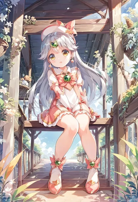 silver hair、magical girl、bright、black and white outfit、wearing a hat、skirt、shoes、outside background