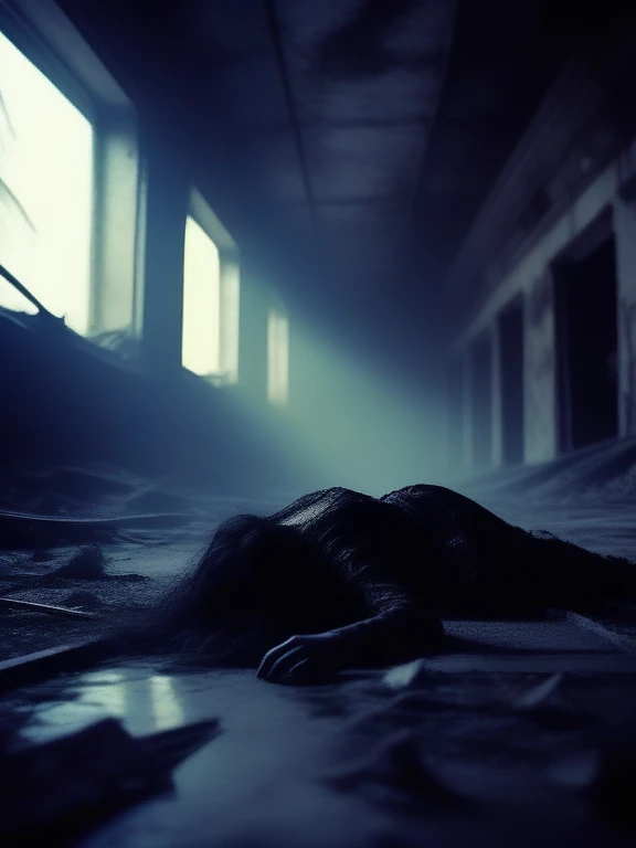 wyrmterro girl lies on the floor in an abandoned, demolished building, darkness