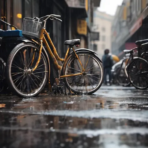 a old bike with broken wheels lied on the busy street, dull, rusted andbroken, sharp detailed focus on the bike, blurry surround...