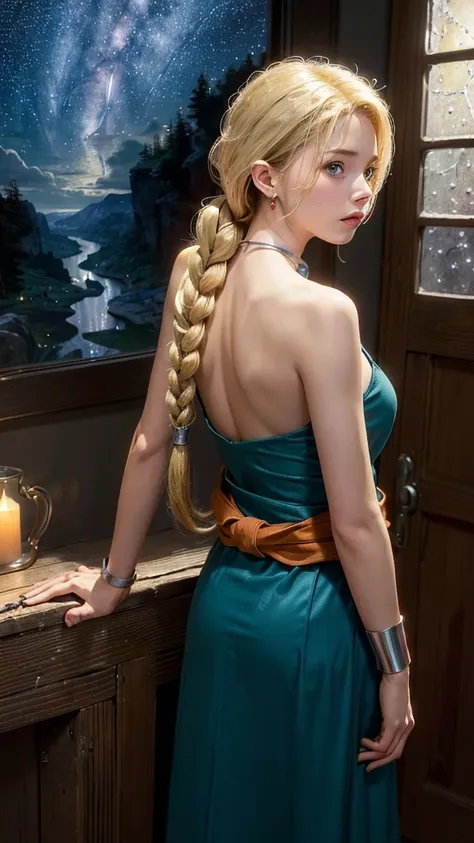 (8k, RAW photo, best quality, masterpiece), (realistic, photo realistic:1.25),
(ultra-detailed blonde hair),weary look,(standing,Forward bend,From behind, looking away:1.3)
bianca, dq5, (long hair, blonde combed hair,tangle_free hair, single braid, hair ov...