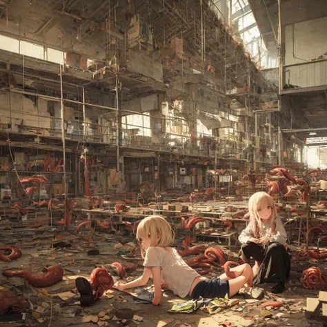 girl captured by tentacles in abandoned factory　tentacles in a skirt　pants fabric texture