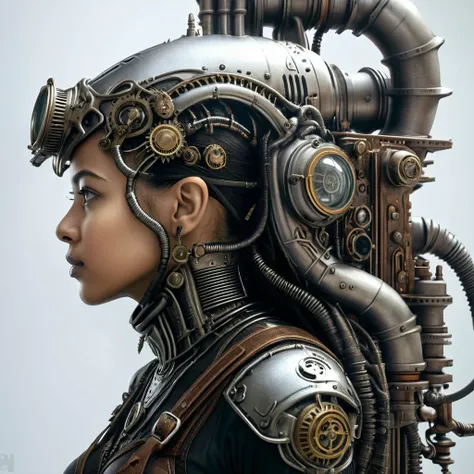 ohwx woman, steampunk, side view, white background, unreal engine, inspired by hr giger, half-length portrait, very detailed, ph...