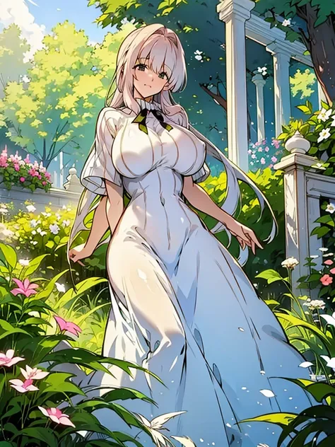 a pretty woman, dressed in white revealing dress, big breasts, standing, garden, ribbon, flower