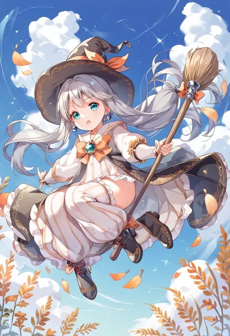 silver hair、magical girl、black and white clothes、witch hat、frilled dress、flying in the sky on a broom、grassland