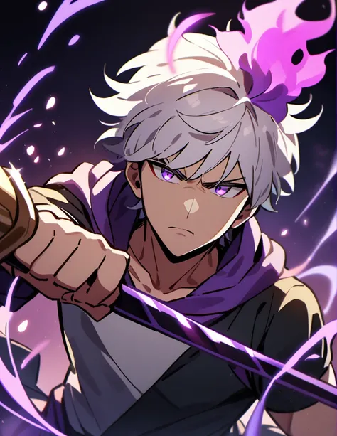 Greek boy with long white hair, serious look, violet eyes, using purple fire powers with one arm