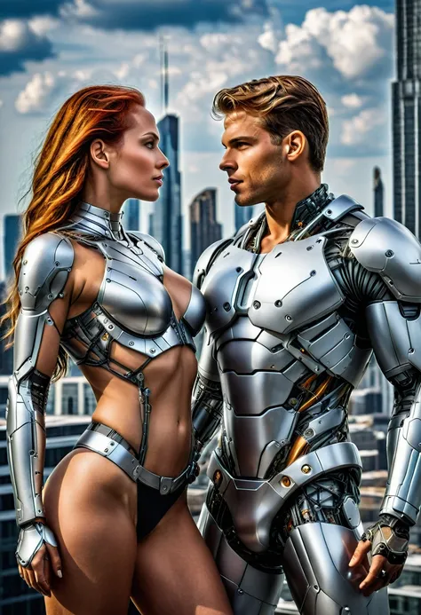 Sexual relationship between a male cyborg and a female cyborg on the roof of a skyscraper, high quality, best quality, absurdres, masterpiece, beautiful, intricate details, 1/2 body crop, slim body, beautiful figure, magnificent anatomy, (intricate details...