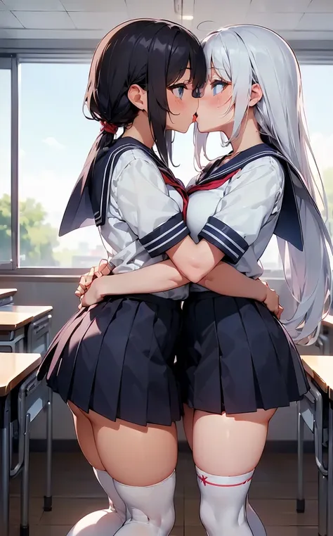 (Cute eyes:1.2), (classroom:1.2),(Beautiful Eyes:1.2), Highest quality,wonderful,finely,Highly detailed CG Unity 8K wallpapers, (Hug from behind:1.3),(kiss:1.3),(Two people with height difference:1.5), (Two Girls, Sailor suit, Skinny body, Dressed), (Huge ...