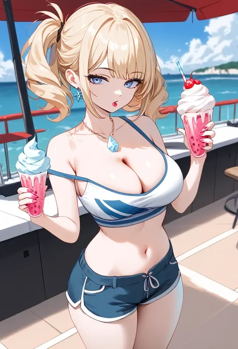 1girl, ultra high res, large chest, cleavage, shorts, exposed tummy, shorts, ice scream