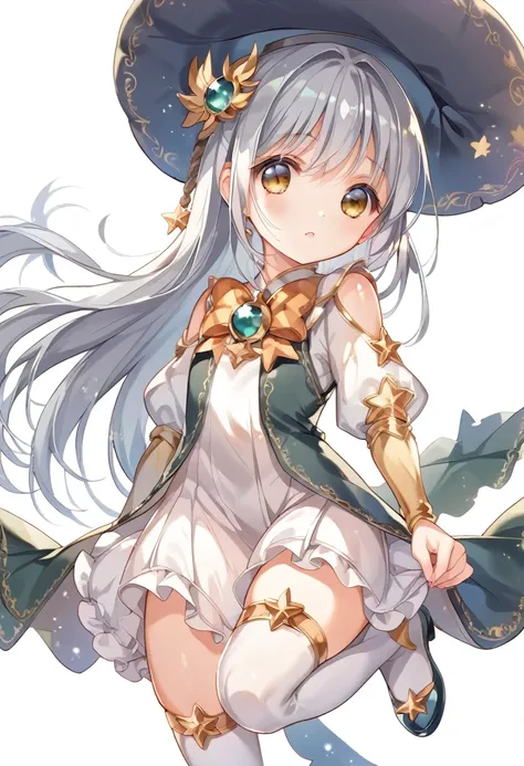 silver hair、magical girl、bright、black and white outfit、astral witch outfit、wearing a hat、ruffled skirt、grassland