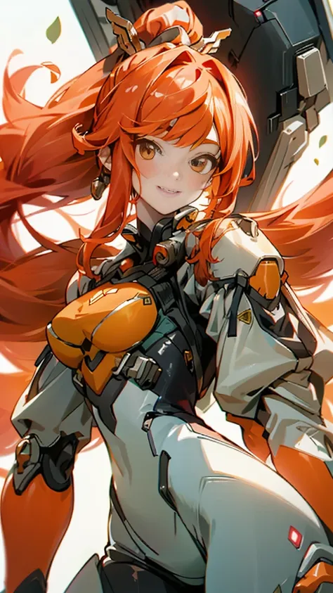 one girl、orange eyes alone、redhead、ponytail、long hair、armor、bodysuits、upper body close-up、smile