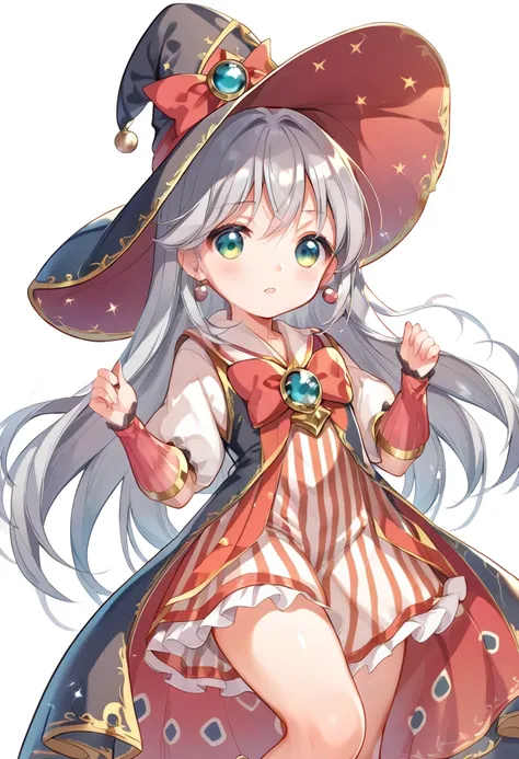 silver hair、magical girl、bright、black and white outfit、astral witch outfit、wearing a hat、ruffled skirt、constraints