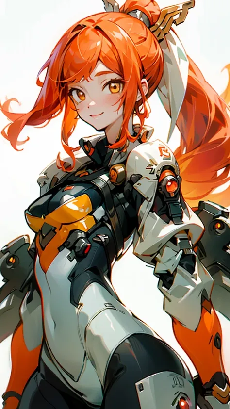 one girl、alone、orange eyes、redhead、ponytail、armor、bodysuits、upper body close-up、smile