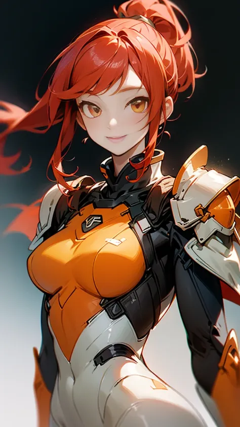 one girl、alone、orange eyes、redhead、ponytail、armor、bodysuits、upper body close-up、smile