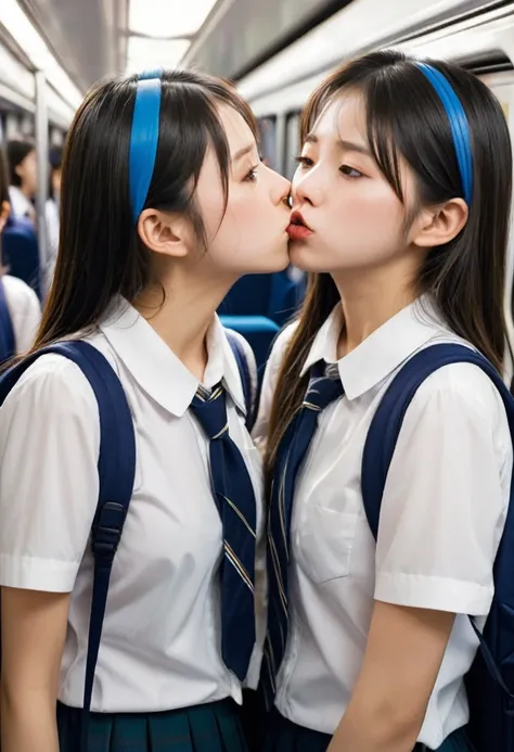 two schoolgirls, dislike kiss, facing each other, no gap, cheeks collide, stuffy lips, angry expression, close contact, on narrow crowded train, stuck between schoolgirls, narrow confine, breasts crushed together, symmetry, pressed tightly firmly