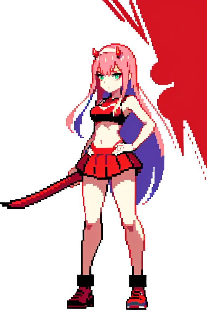 (masterpiece, top quality, best quality), pixel,pixel art,1girl, zero two, red horns,full body, bikini, punch, upper cut