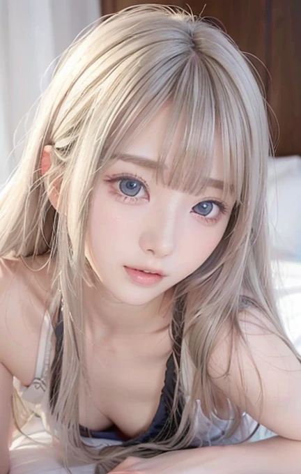 silver shiny hair, super long straight silky hair, dazzling blonde super long silky hair, cute little beautiful face of 16 years...