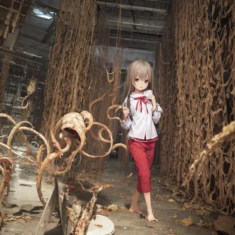 girl captured by tentacles in abandoned factory　tentacles in a skirt　pants fabric texture