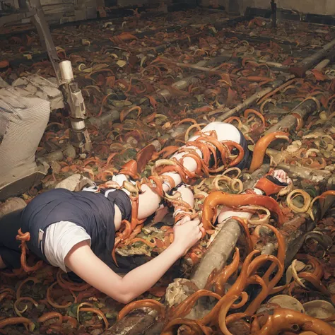 girl captured by tentacles in abandoned factory　tentacles in a skirt　pants fabric texture