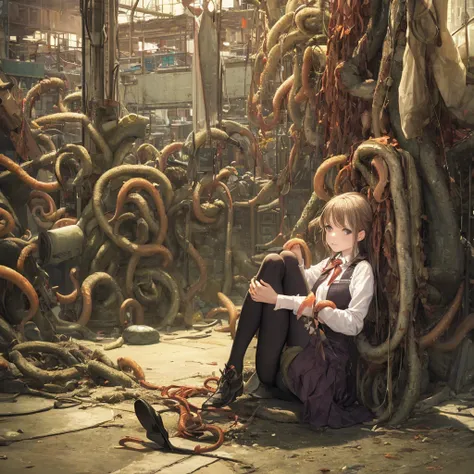 girl captured by tentacles in abandoned factory　tentacles in a skirt　pants fabric texture