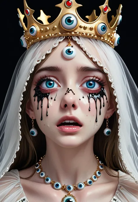 grotesque aesthetics：girl with extra eyes，tears，there are many eyeballs growing on the skin of the face，eyeball necklace，eyeball...