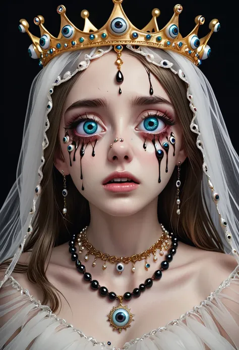 grotesque aesthetics：girl with extra eyes，tears，there are many eyeballs growing on the skin of the face，eyeball necklace，eyeball...