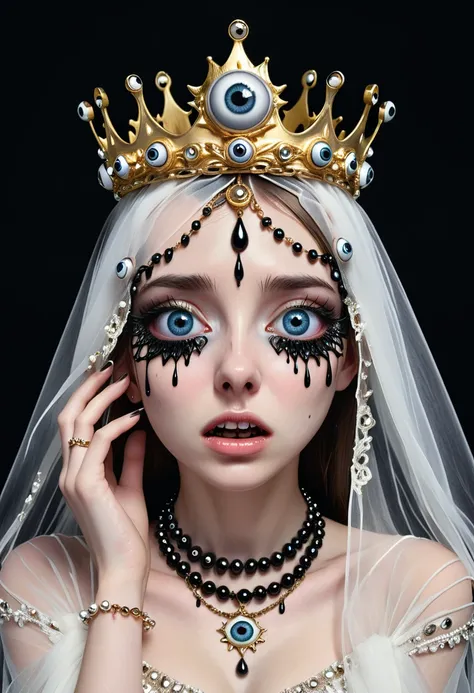 grotesque aesthetics：girl with extra eyes，tears，there are many eyeballs growing on the skin of the face，eyeball necklace，eyeball...