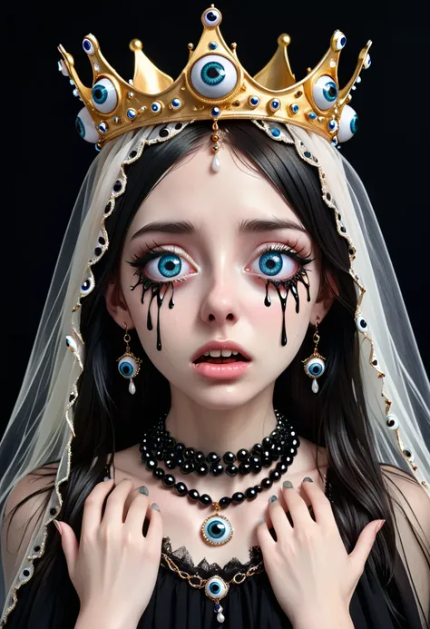 grotesque aesthetics：girl with extra eyes，tears，there are many eyeballs growing on the skin of the face，eyeball necklace，eyeball...