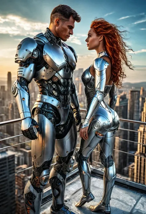 Sexual relationship between a male cyborg and a female cyborg on the roof of a skyscraper, high quality, best quality, absurdres, masterpiece, beautiful, intricate details, 1/2 body crop, slim body, beautiful figure, magnificent anatomy, (intricate details...