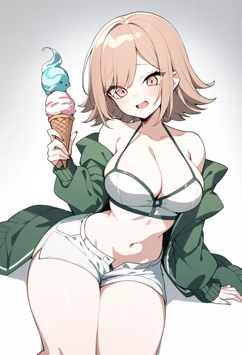 1girl, ultra high res, large chest, cleavage, shorts, exposed tummy, shorts, ice scream, chiaki from danganronpa