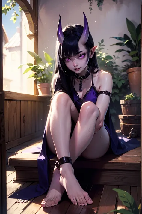 1girl, (grey skin, purple skin:1.4), dark skin, (oni, oni horns), sitting, relaxed, demon girl, (long black hair, cute hairstyle...