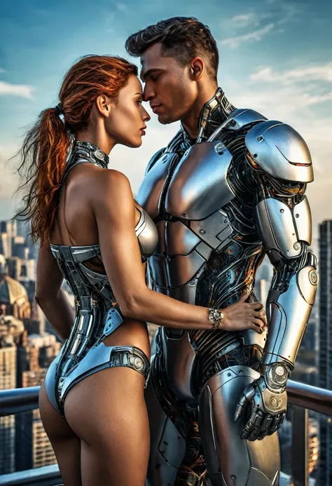 Sexual relationship between a male cyborg and a female cyborg on the roof of a skyscraper, high quality, best quality, absurdres, masterpiece, beautiful, intricate details, 1/2 body crop, slim body, beautiful figure, magnificent anatomy, (intricate details...